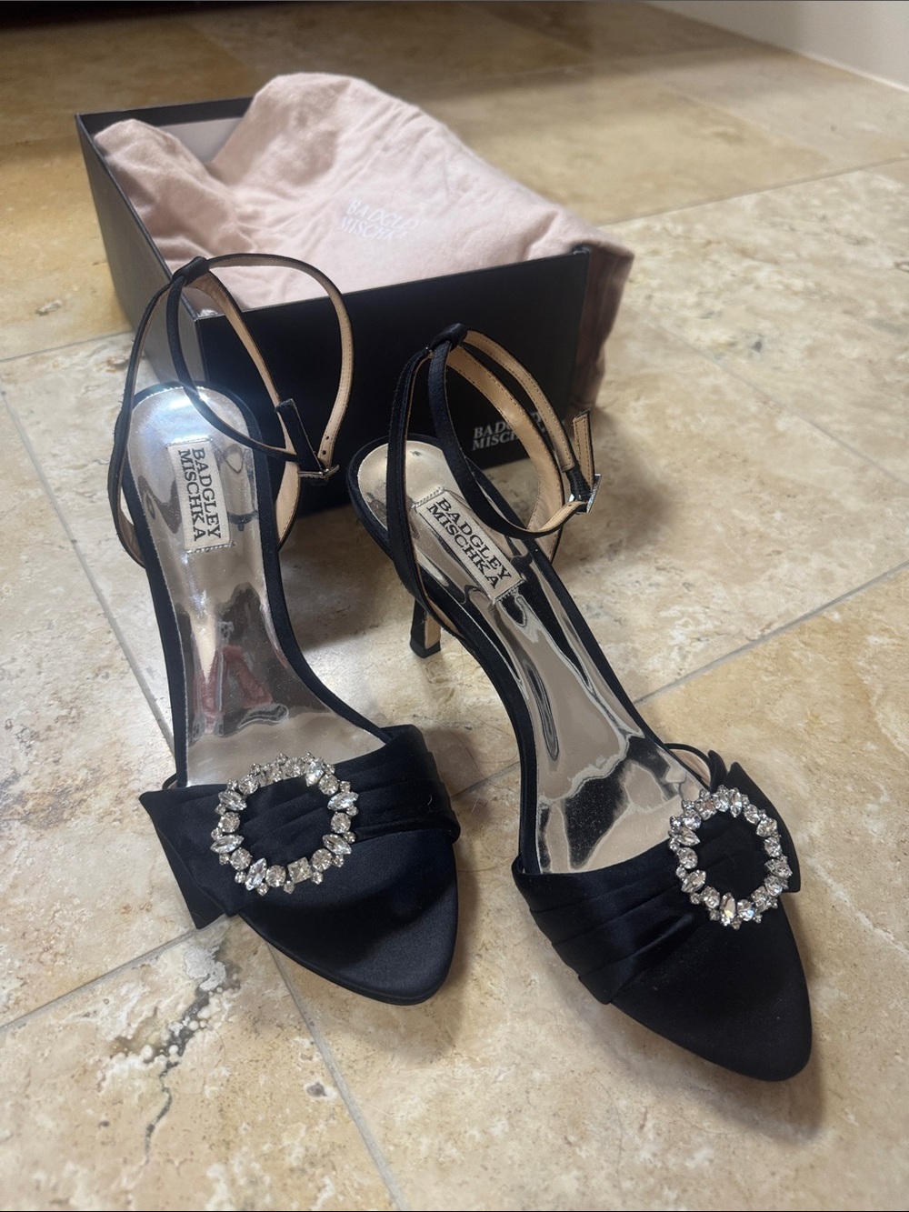 Badgley Mischka "Marci" Black Satin Crystal-Embellished Slingback Heels